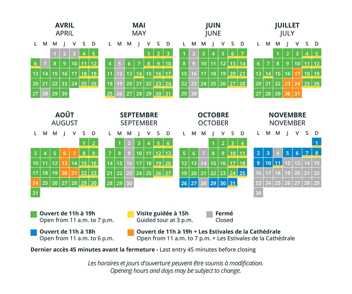 Horaires d’ouverture
d’avril à novembre 2026